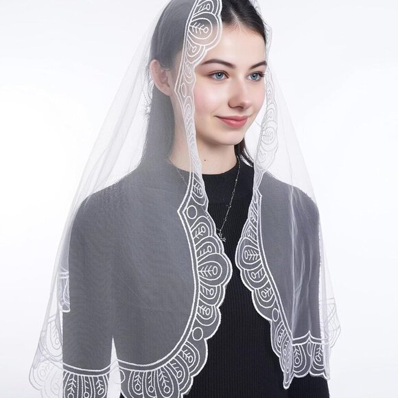 Catholic Church Veil Women Lace Chapel D Shaped Floral Cross Embroidered - Picture 3 of 6